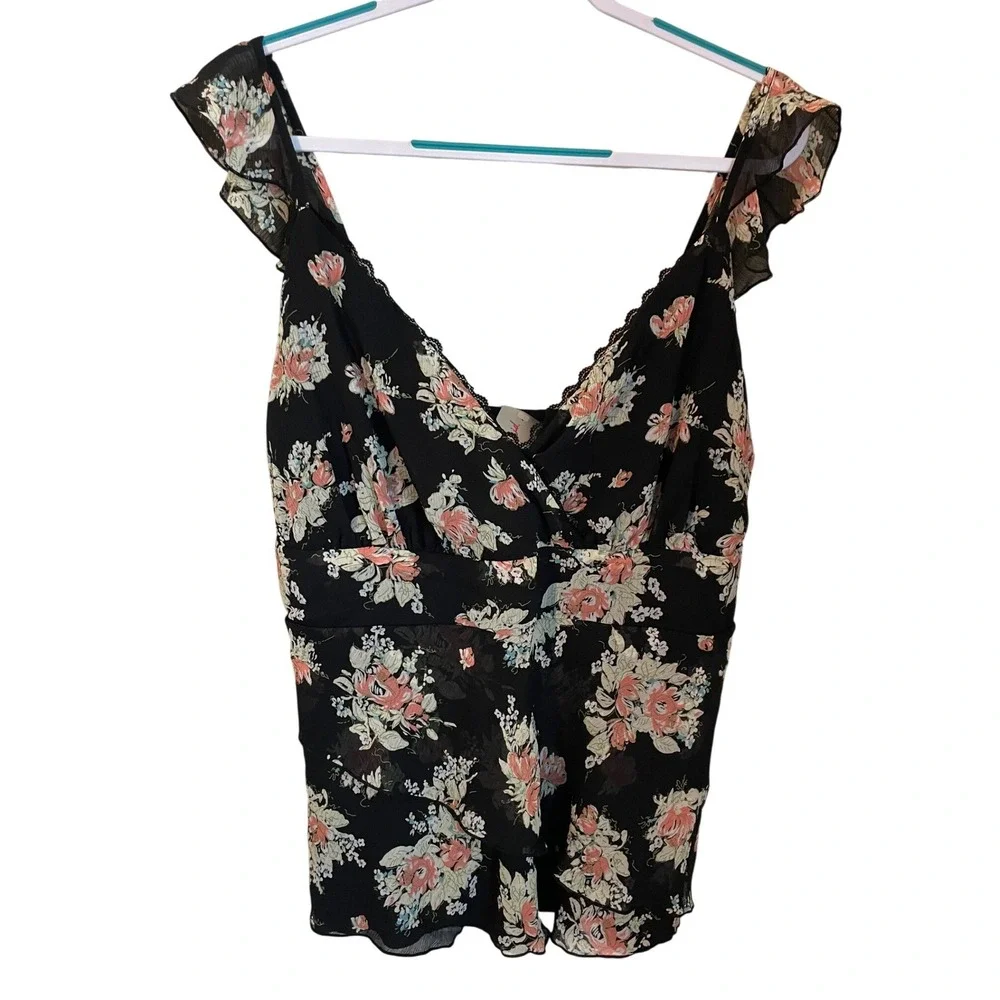 Torrid NWT Deadstock Vintage Y2k Black Floral Chiffon Ruffle Babydoll Top